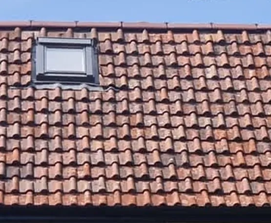 Close-up of the existing clay tiles re-laid around a rooflight